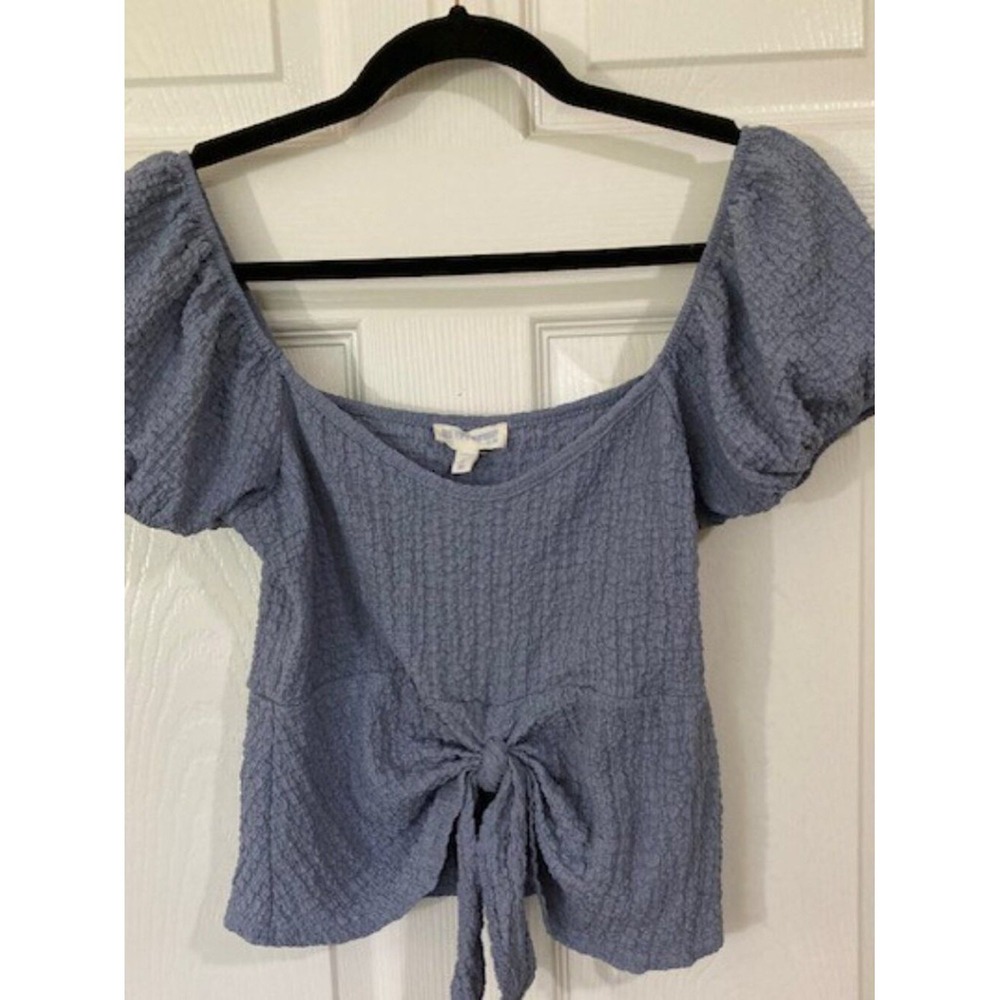 See You Monday Dusty Blue Textured Tie Front Top M Puffed Sleeve Coquette
